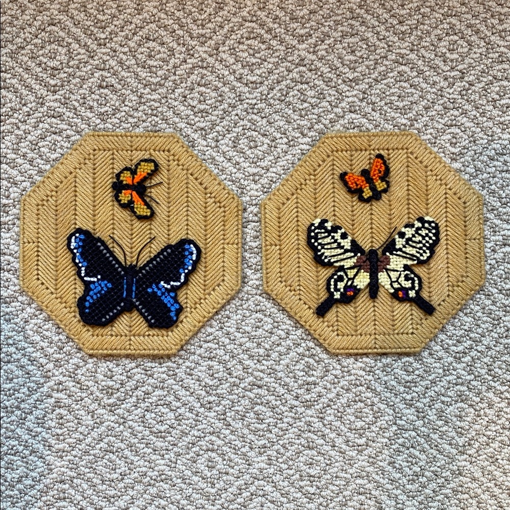 Vintage Crochet Butterfly Wall Hangings or Trivets - Mustard Yellow Background
